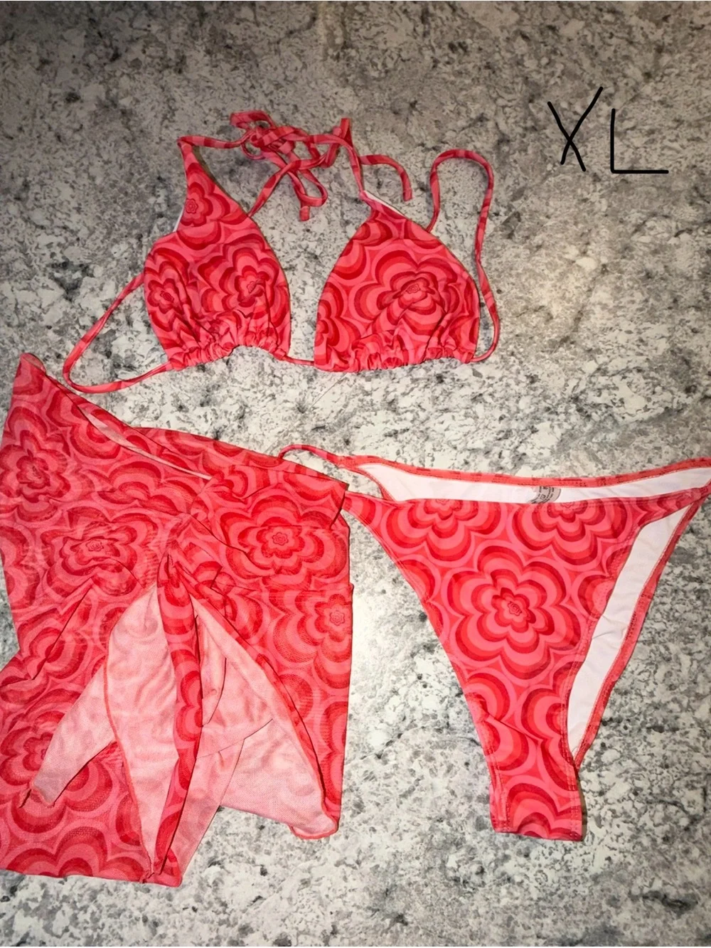 Coral Floral Print Triangle Bikini Set with Sarong